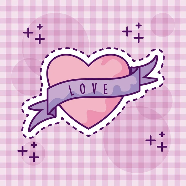 Cute heart with ribbon, patch style — Stock Vector