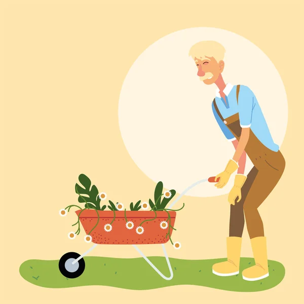 Giardiniere uomo cartone animato con disegno generale e fiori carriola vettore — Vettoriale Stock