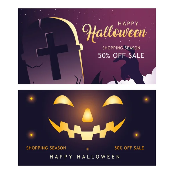 Happy halloween shopping season two banners vector design — Stock Vector