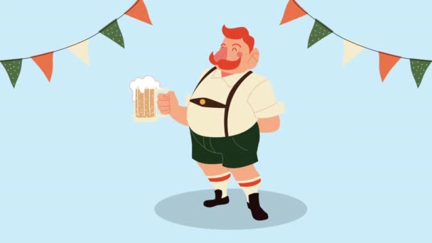 Oktoberfest uroczystości animacja z pijanym człowiekiem podnoszenie piwa i girlandy — Wideo stockowe