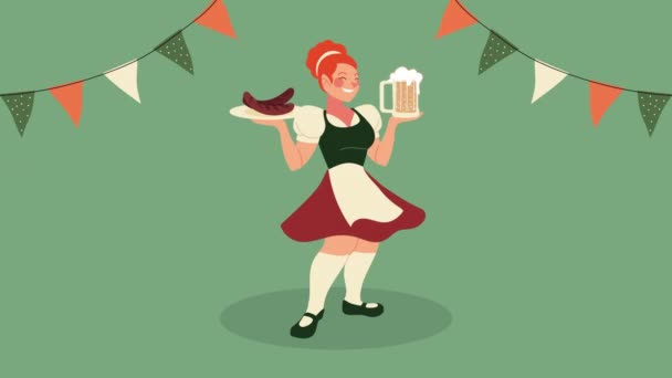 Oktoberfest celebration animation with sexy woman lifting beer and sausages — Stock Video