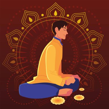 Mandala vektör tasarımının önünde Hint adam çizgi filmi ile mutlu bhai dooj