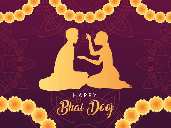 Happy bhai dooj with indian woman and man silhouette with flowers vector design — Stock Vector