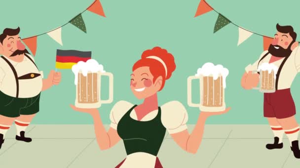 Oktoberfest uroczystości animacja z grupą ludzi niemcy i girlandy wiszące — Wideo stockowe