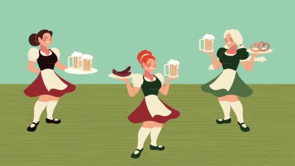 Oktoberfest célébration animation avec des filles sexy soulevant des bières et de la nourriture scène — Video