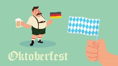 Oktoberfest kutlama animasyonu sarhoş, adam ve el sallayan Alman bayrağıyla