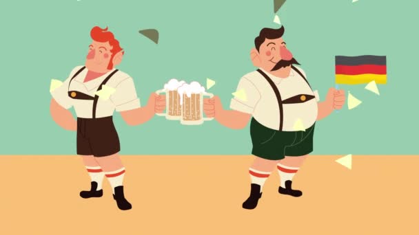 Oktoberfest célébration animation avec des ivrognes hommes levant des bières et drapeau allemand — Video