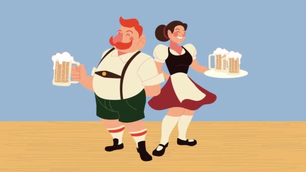 Oktoberfest celebration animation with german couple lifting beers — Stock Video