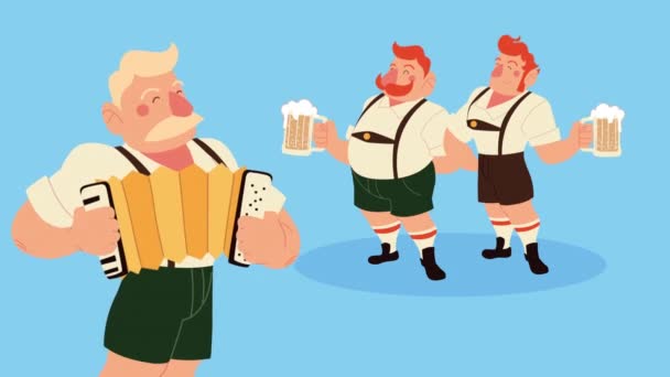 Oktoberfest oslavy animace s opilci zvedání piv a hraní akordeon — Stock video