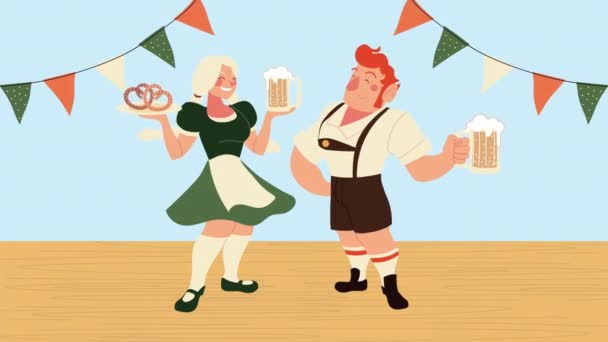 Oktoberfest oslava animace s německými páry zvedání piva a preclíky scéna — Stock video