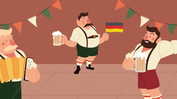 Oktoberfest animación de celebración con hombres borrachos con cervezas y acordeón — Vídeo de stock