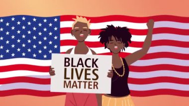 Afro çift siyah hayatları olan. Afro-Amerikan bayrağına yazı yazıyorlar.