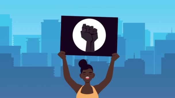 Μαύρη ζωή θέμα animation με αφρο γυναίκα διαμαρτύρονται άρση banner — Αρχείο Βίντεο