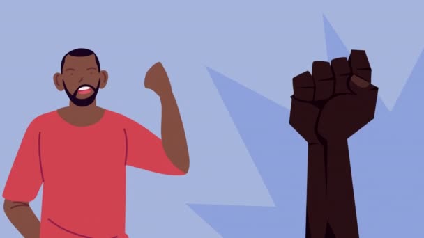 Черные жизни материи анимации с афро человек протестует и кулак — стоковое видео