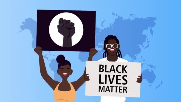 Afro casal com vidas negras matéria lettering em banners — Vídeo de Stock