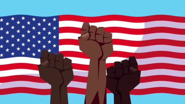 Noir vit matière animation avec les mains protestant et drapeau des Etats-Unis — Video