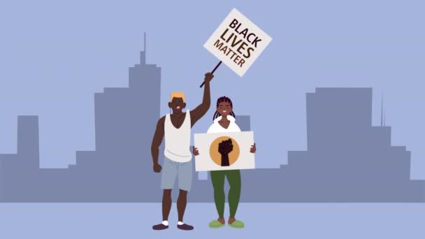 Afro couple with black lives matter lettering in banners on the city — Stock Video