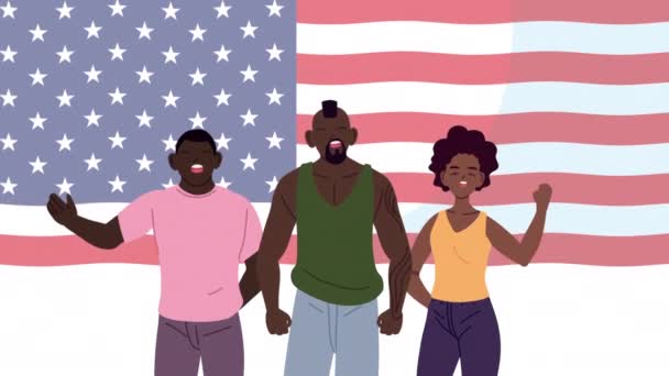 Negro vidas materia animación con grupo de afro personas en EE.UU. bandera — Vídeo de stock