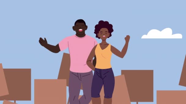Black lives matter animation με afro ζευγάρι και πανό διαμαρτυρίας — Αρχείο Βίντεο