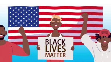 Siyah hayatları olan afro insanlar bayrak ve Amerikan bayrağıyla yazı yazarlar.