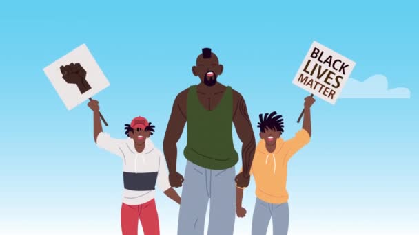 Afro pessoas protestando com vidas negras matéria lettering em banner — Vídeo de Stock