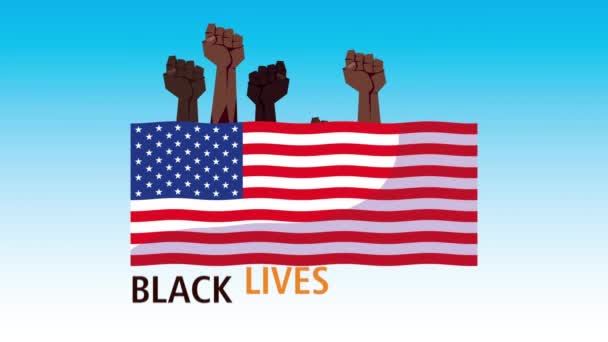 Μαύρη ζωή ύλη γράμματα με αφρο χέρια διαμαρτύρονται και σημαία ΗΠΑ — Αρχείο Βίντεο