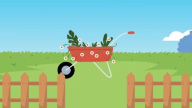 El arabası ve traktöründe çiçeklerle bahçe animasyonu