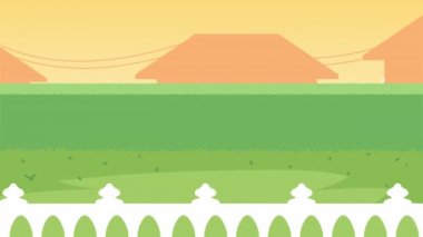 Çitlerde çiçekler ve ağaçlarla bahçe animasyonu.