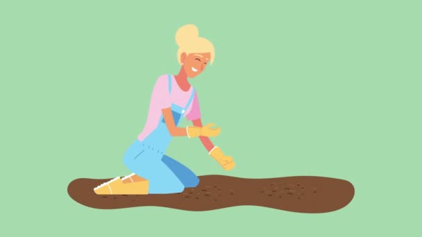Mulher loira jardinagem animação com abóbora — Vídeo de Stock