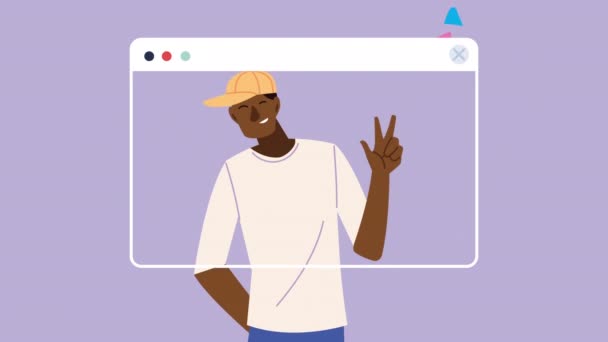 Animación de la tecnología en línea de la celebración con el hombre afro en plantilla de página web — Vídeos de Stock