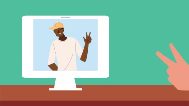 Celebração on-line animação de tecnologia com afro homem na área de trabalho — Vídeo de Stock