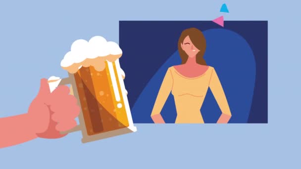 Célébration animation de la technologie en ligne avec la femme dans l'affichage ahd bière — Video