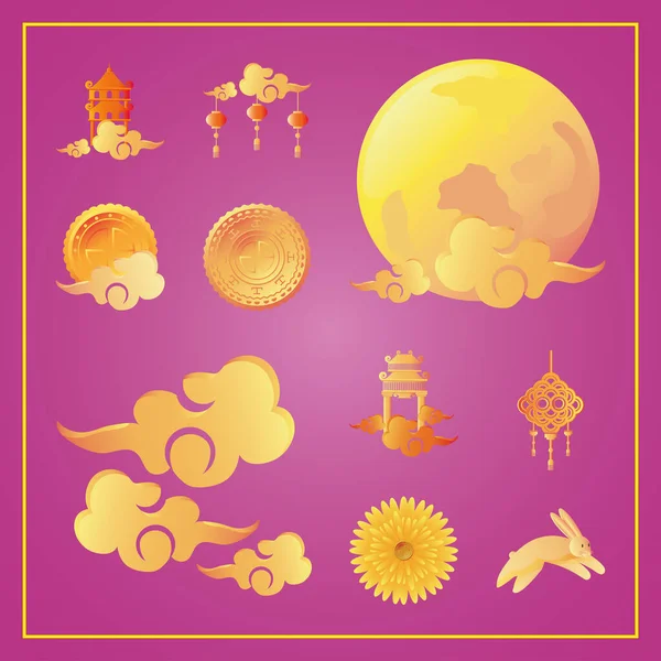 Sada ikon uprostřed podzimního festivalu nebo čínského lunárního festivalu — Stockový vektor