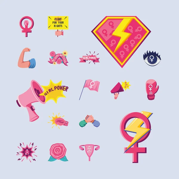 Feminismo estilo detallado iconos grupo vector diseño — Vector de stock