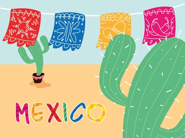 Etiqueta mexicana con guirnaldas decorativas y cactus — Vector de stock