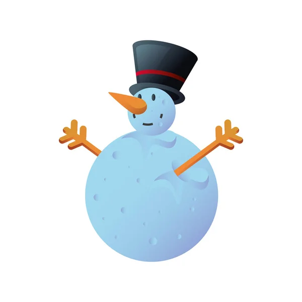 Muñeco de nieve levantando las manos con sombrero de copa sobre fondo blanco — Vector de stock