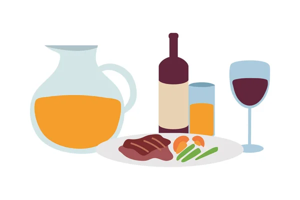 Gourmet food bord, wijnglas en kan sap op witte achtergrond — Stockvector