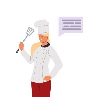 Kadın şef üniforması ve balon mesajı.