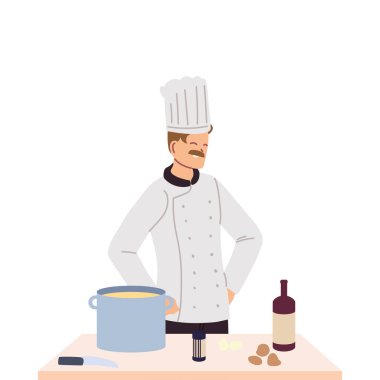 Üniformalı ve çalışma masalı aşçı.