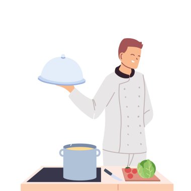 Yemek ve çalışma masası olan aşçı.