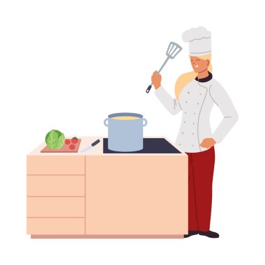 Kadın şef ocakta yemek hazırlıyor.