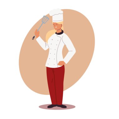 Kadın şef profesyonel, ellerinde çatal bıçak