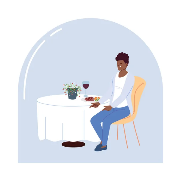 Ung man sitter i en restaurang och äter middag med ett glas vin — Stock vektor