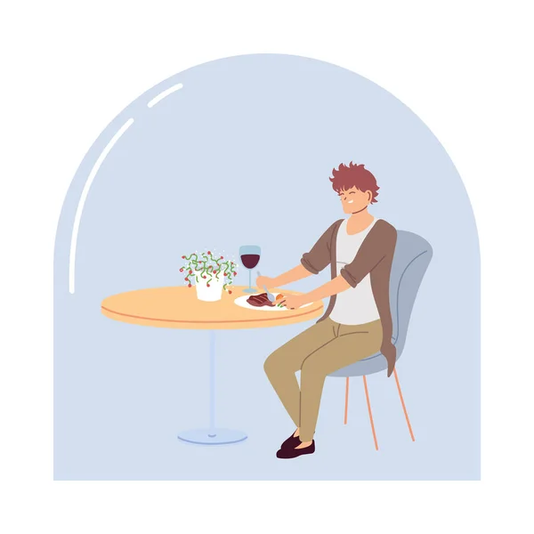 Młody człowiek siedzi w restauracji i je kolację przy lampce wina. — Wektor stockowy