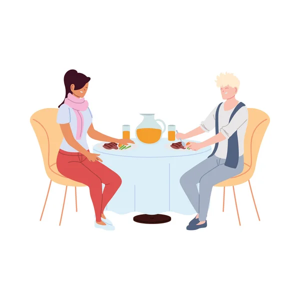 Para zakochana przy obiedzie i przy soku w restauracji — Wektor stockowy