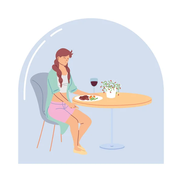 Jeune femme assise dans un restaurant dînant avec un verre de vin — Image vectorielle