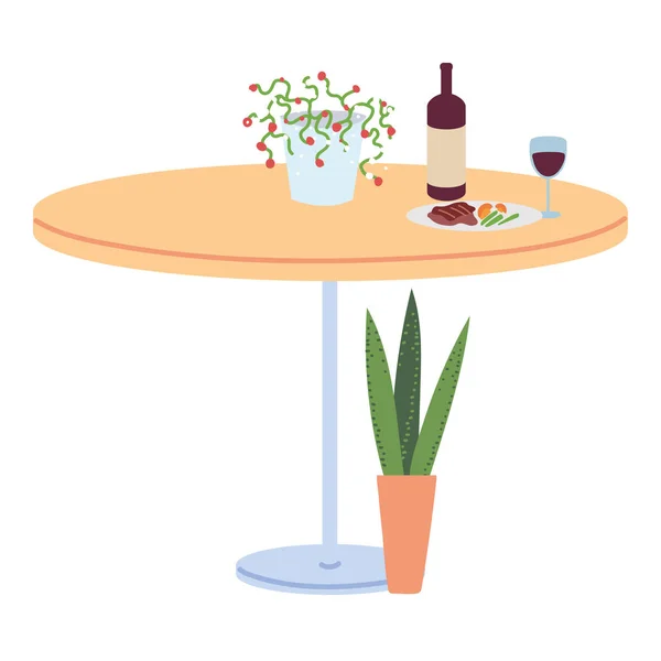 Restaurant tafel met eten, wijn fles en vaas van bloemen op witte achtergrond — Stockvector