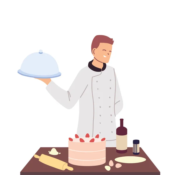 Jovem chef de pastelaria com mesa de trabalho e bandeja — Vetor de Stock
