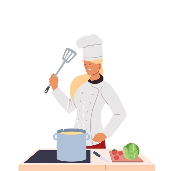 Femme chef avec cuisinière et table de travail — Image vectorielle