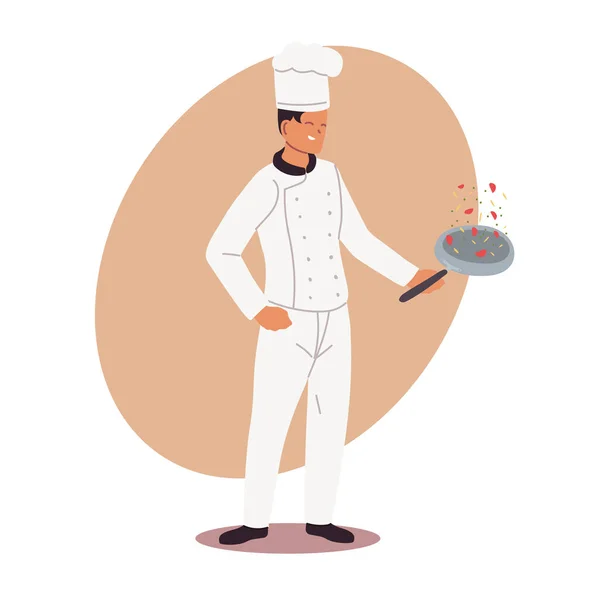 Jovem cozinheiro com uniforme e frigideira na mão — Vetor de Stock